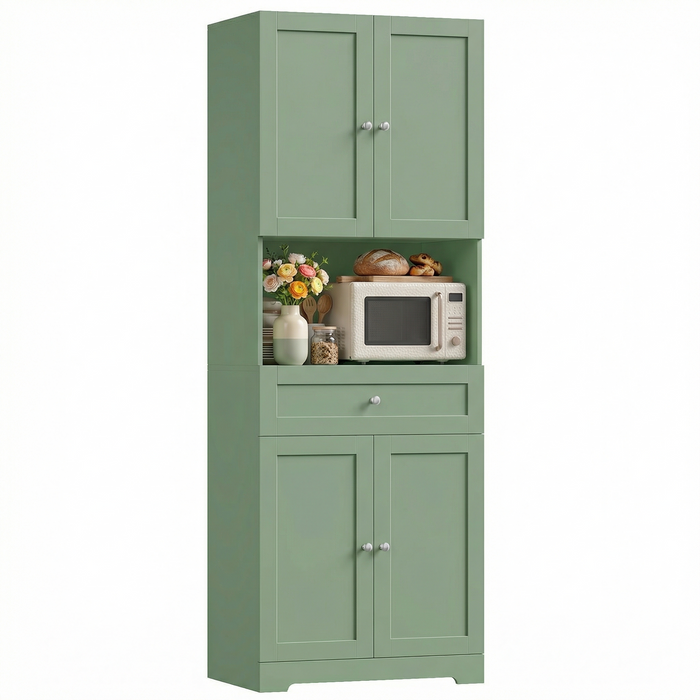 Homfa 67.5'' Tall Kitchen Pantry with Microwave Shelf, Large Storage Drawer Wood Pantry Storage Cabinet for Dining Room Living Room, Green