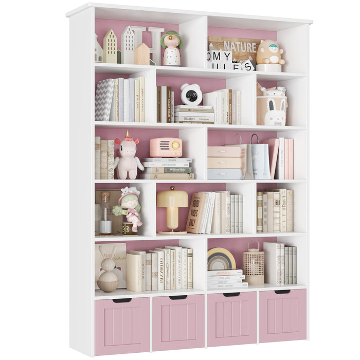 Homfa 68.9" Tall Geometric Bookcase and Bookshelf with 4 Drawers for Adults Teen, Pink