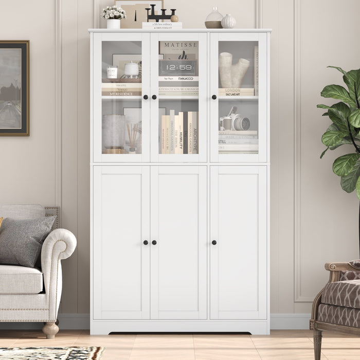 Homfa 69" Tall Glass Door Display Bookcase, 5-Tires Large Storage Bookshelves with Adjustable Shelves for Home Office Kitchen Dining Room, White