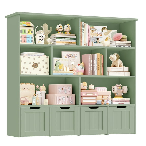 Homfa 7 Cube Toy Storage Organizer, Kids Geometric Bookcase and Bookshelf with 4 Drawers, Green