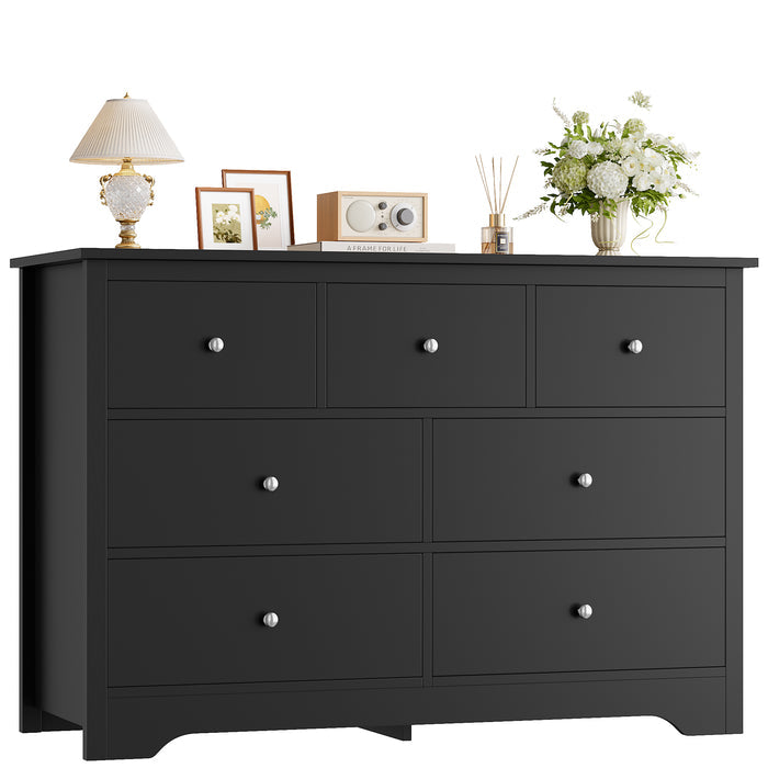 Homfa 7 Drawer Double Dresser, 47.2"W Contemporary Wood Chest of Drawer Storage Cabinet for Bedroom Living Room, Black