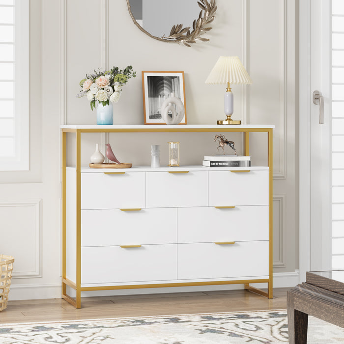 Homfa 7 Drawer Dresser for Bedroom, Modern Chest of Drawer, Wood Storage Cabinet with Shelf for Living Room, White Gold