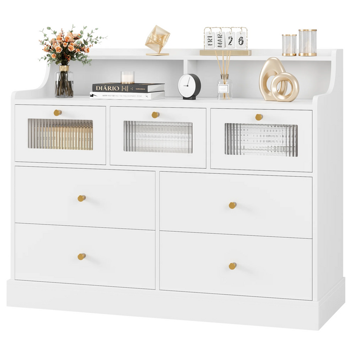 Homfa 7 Drawer Dresser for Bedroom , Modern Wooden Storage Cabinet with 3D Frosted Glass for Living Room, White