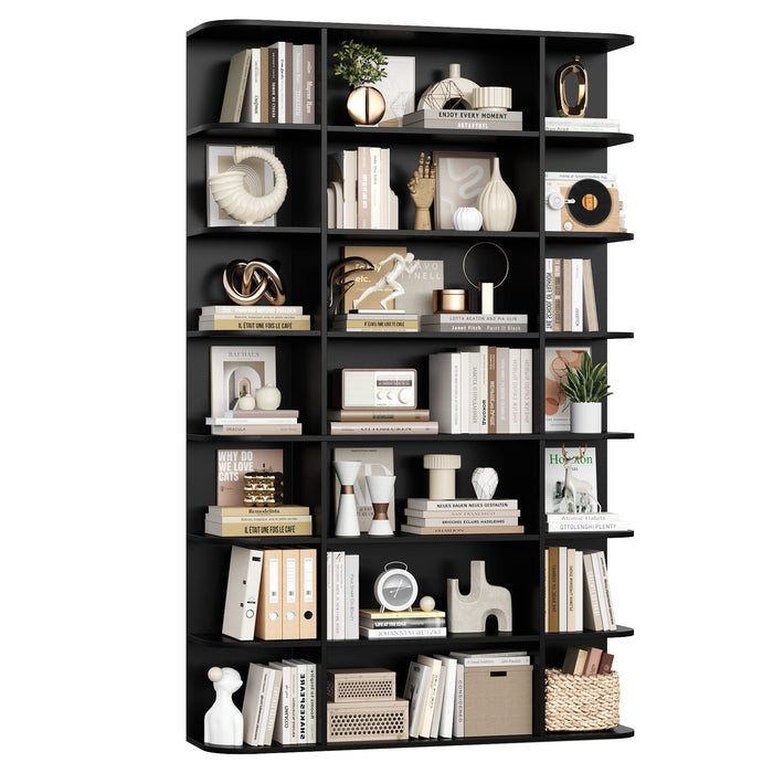 Homfa 7-Tier Triple Wide Bookcase, 84.6" Tall Bookshelf with Curved Display Shelves for Living Room Home Office Study, Black