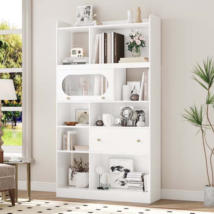 Homfa 70" H Open Shelf Bookcase with Drawer, Free Standing Display Storage Organizer with 8 Cubes, White