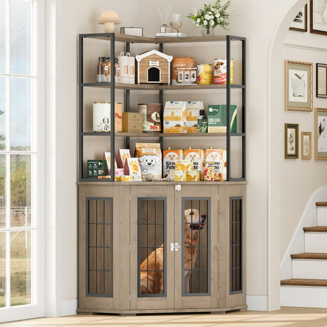 Homfa 70.7'' Tall Corner Dog Crate with 3 Tiers Shelves, Wooden Dog Kennel Furniture for Small and Medium Dogs, Gray