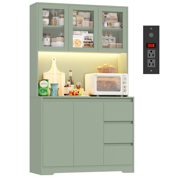 Homfa 70.9'' Kitchen Pantry Cabinet with Charging Station and LED Light, 3 Drawers Buffet Storage Cabinet with Glass Doors and Adjustable Shelves, Green