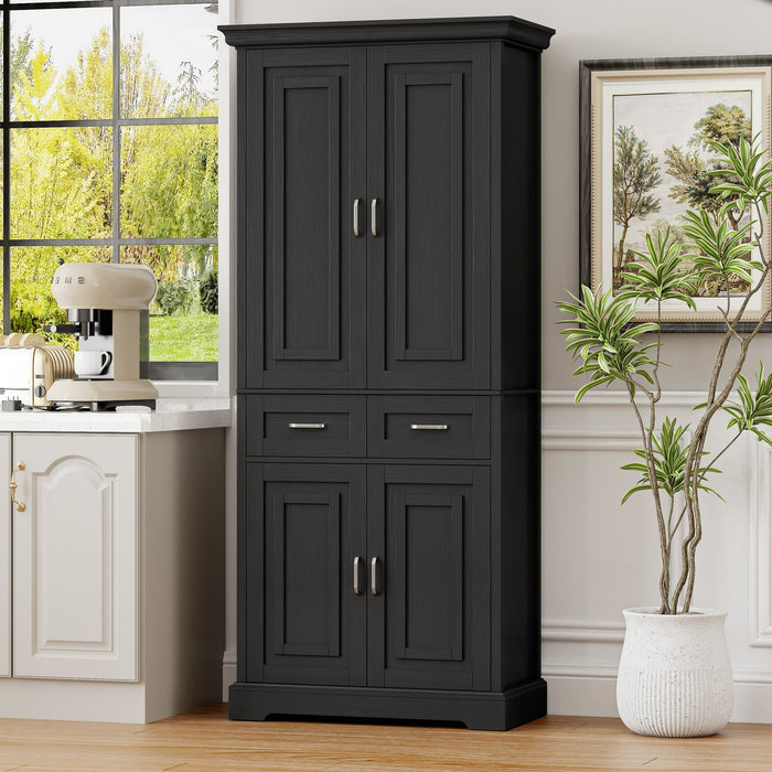 Homfa 70.9'' Tall Kitchen Pantry with 4 Doors, 2 Drawer Modern Freestanding Storage Cabinet for Dining Room Living Room, Black