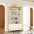 Homfa 70.9?¡À Bookshelf with 4 Drawers, 4 Tier Wooden Open Bookcase with Metal Frame for Living Room Home Office, White & Gold
