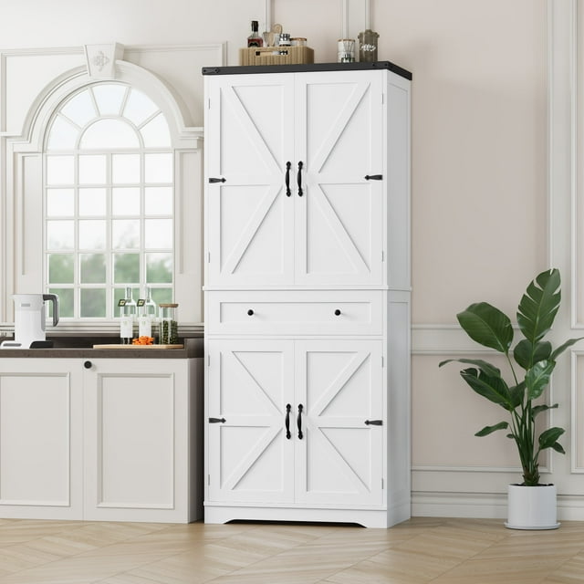 Homfa 70.9¡±Cupboard with Drawer, Farmhouse Pantry Cabinet with Magnetic Door Catches, Storage Cabinet with Shelves for Kitchen Dining Room, White & Black