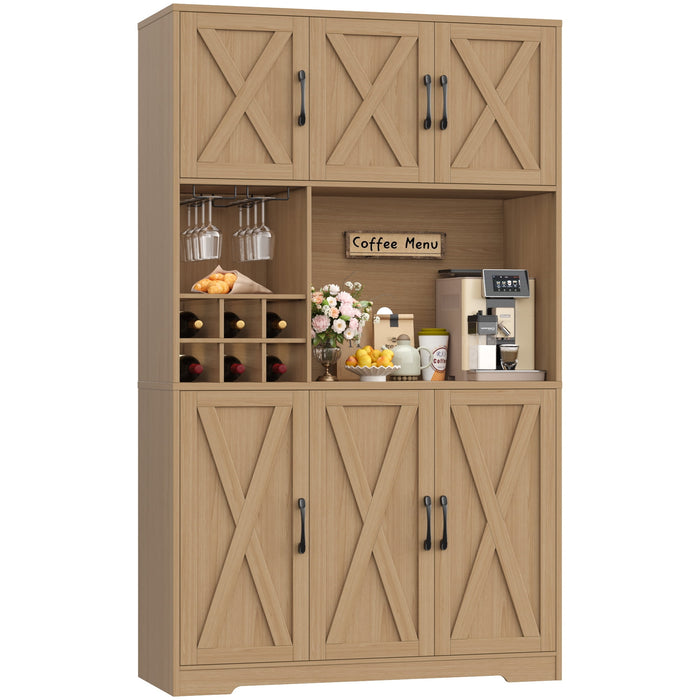 Homfa 70.9''H Kitchen Pantry with Microwave Countertop, Farmhouse Buffet Hutch, Floor 6 Doors Cupboard Storage Cabinet for Dining Room Kitchen, Nature