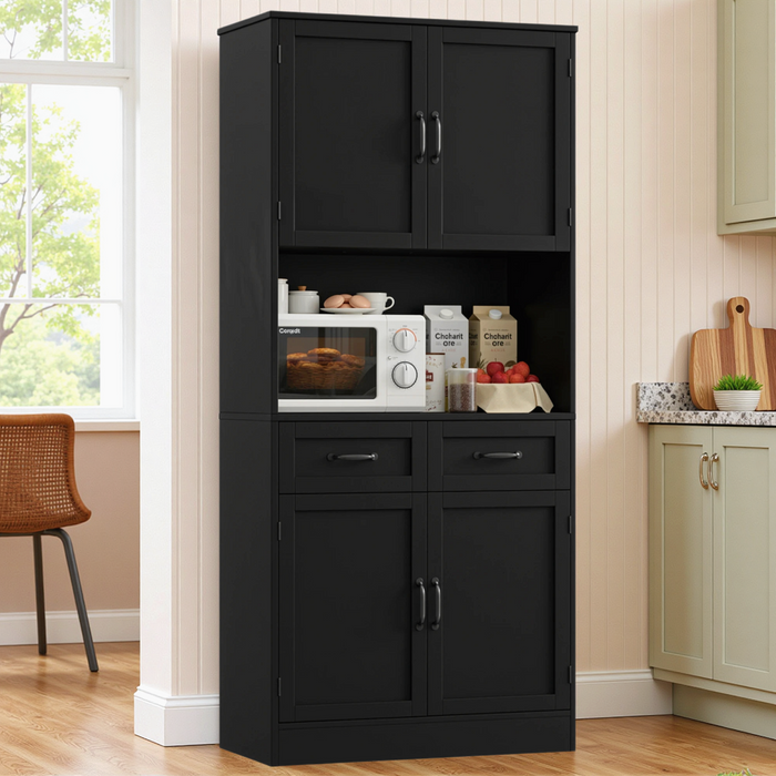 Homfa 71" Farmhouse Kitchen Pantry Storage Cabinets with 2 Drawers and Adjustable Shelves, Wood Tall Hutch Storage Cabinet for Dining Room, Black