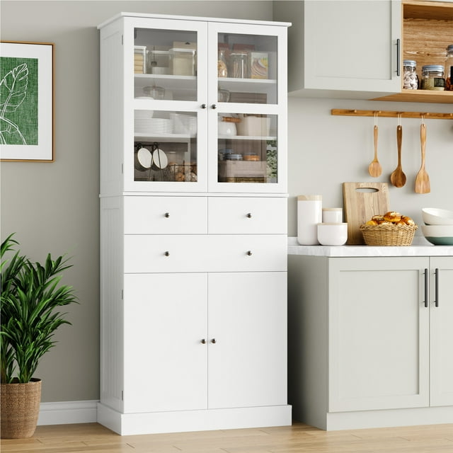 Homfa 71" Kitchen Pantry Cabinet, Modern Wood Food Storage Cabinet with Glass Doors and 3 Drawers for Dining Room, White