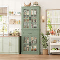 Homfa 71'' Kitchen Pantry with Adjustable Shelves & Drawer, Freestanding Storage Cabinet with 4 Glass Door for Living Room, Green