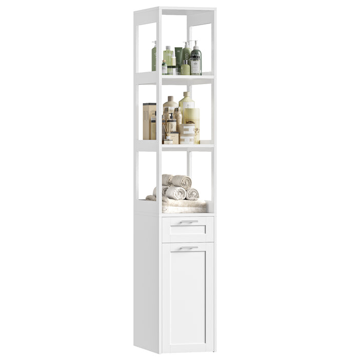 Homfa 71" Tall Bathroom Storage Cabinet with Rolling Storage Cart, Slim Bathroom Floor Cabinet with 3 Tier Open Shelves & 1 Drawer, White