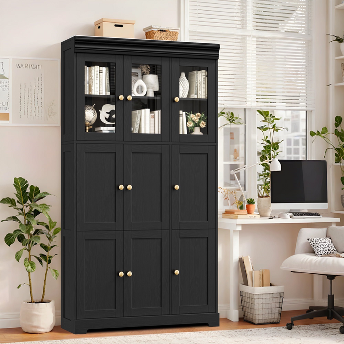 Homfa 71'' Tall Bookcase with Adjustable Shelves, 9 Doors Wooden Storage Bookshelf for Home Office Living Room, Black