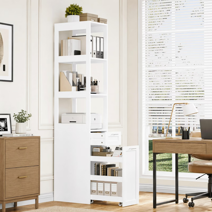Homfa 71" Tall Bookcase with Rolling Storage Cart, 3 Tier Open Shelves & 1 Drawer Wooden Storage Bookshelf for Living Room Office Small Space, White