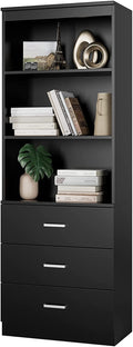 Homfa 71" Tall Bookcases with 3 Large Drawers & 3 Shelves, Wooden Bookshelf for Living Room Office, Black