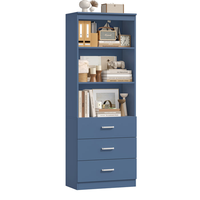 Homfa 71" Tall Bookcases with 3 Large Drawers, 3 Tier Wooden Storage Bookshelf for Living Room Home Office, Blue