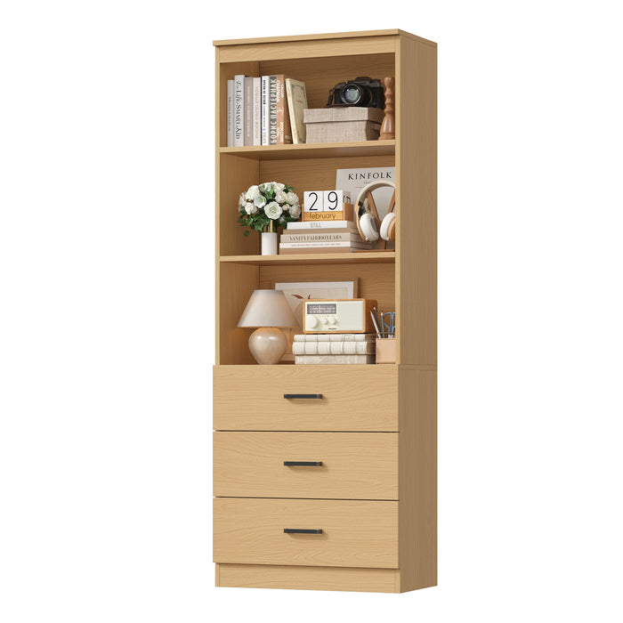 Homfa 71" Tall Bookcases with 3 Large Drawers, 3 Tier Wooden Storage Bookshelf for Living Room Home Office, Natural Color