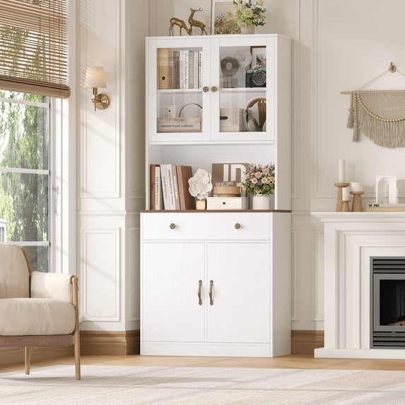 Homfa 71'' Tall Bookshelf with Drawer, 4 Doors Bookcase and Bookshelf with Storage & Adjustable Shelves for Living Room, White