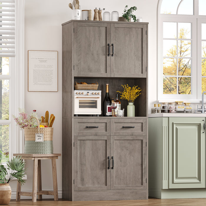 Homfa 71" Tall Farmhouse Storage Cabinet, Kitchen Pantry with 2 Drawers and Adjustable Shelves, Gray
