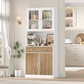 Homfa 71'' Tall Kitchen Pantry Cabinet with Microwave Shelf & Drawer, 4 Doors Pantry Storage Cabinet with Adjustable Shelves for Dining Room, White+ Khaki