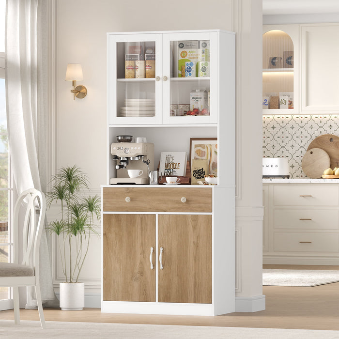 Homfa 71'' Tall Kitchen Pantry Cabinet with Microwave Shelf & Drawer, 4 Doors Pantry Storage Cabinet with Adjustable Shelves for Dining Room, White+ Khaki