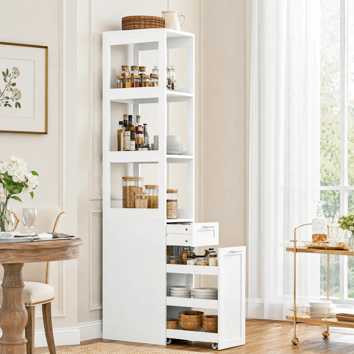 Homfa 71" Tall Kitchen Pantry Storage Cabinet with Rolling Storage Cart, Floor Cupboard Cabinet with 3 Tier Open Shelves & 1 Drawer for Small Space, White