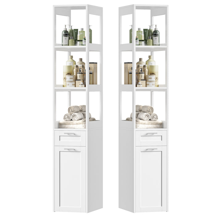 Homfa 71" Tall White Bathroom Storage Cabinet Set of 2 with Rolling Storage Cart, Slim Bathroom Floor Cabinet with 3 Tier Open Shelves & 1 Drawer, 2pcs