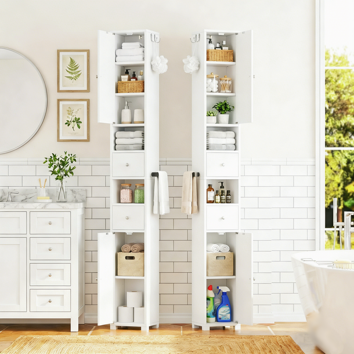 Homfa 71" Tall White Bathroom Storage Cabinet Set with Adjustable Shelves, 2 Doors & Drawers Bathroom Storage Tower with Hooks & Paper Towel Holder, Freestanding Narrow Cabinet for Small Spaces, 2pcs