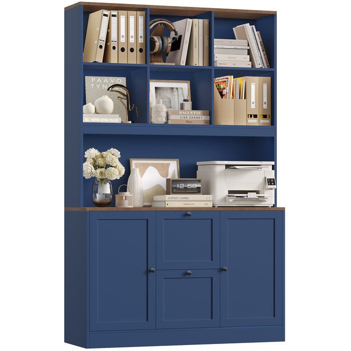 Homfa 71¡å 6 Cubes Bookcases with 2 Storage Drawers and Charge Station, 3 Tier Bookshelf with Adjustable File Storage Cabinet for Living Room Home Office, Blue