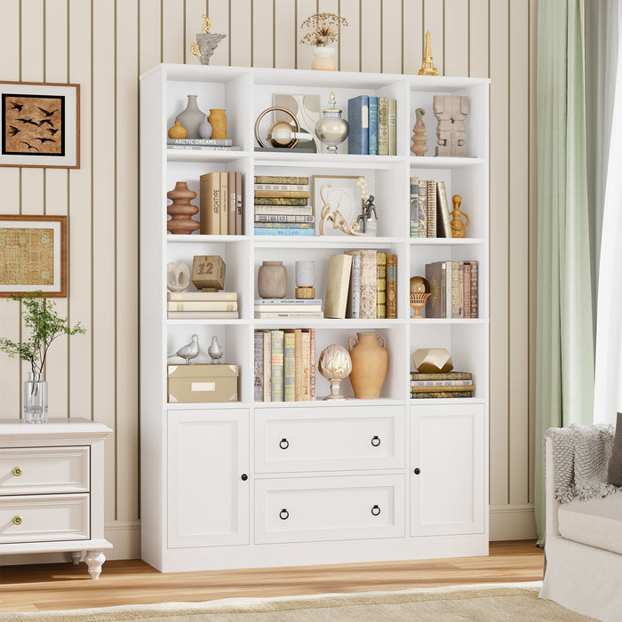 Homfa 71¡å Tall Bookcases with Storage Drawers & Doors, 12 Cubes 4-Tier Triple Row Bookshelf, White Bookcase for Living Room Home Office