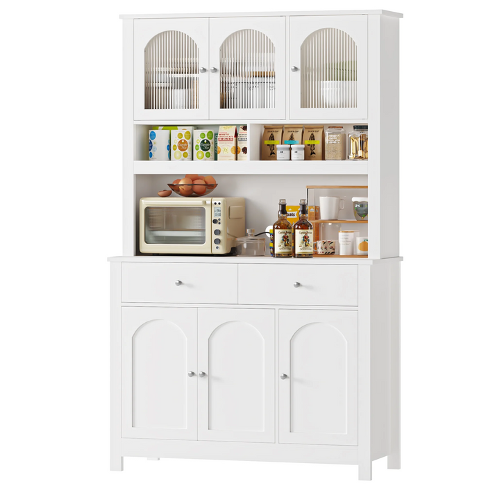 Homfa 72" Kitchen Pantry Hutch Cabinet with 2 Drawers, Microwave Storage Cabinet with Glass Doors and Adjustable Shelves, White