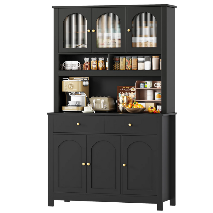 Homfa 72" Kitchen Pantry Hutch Cabinet with 2 Drawers, Microwave Storage Cabinet with Glass Doors and Adjustable Shelves, Black