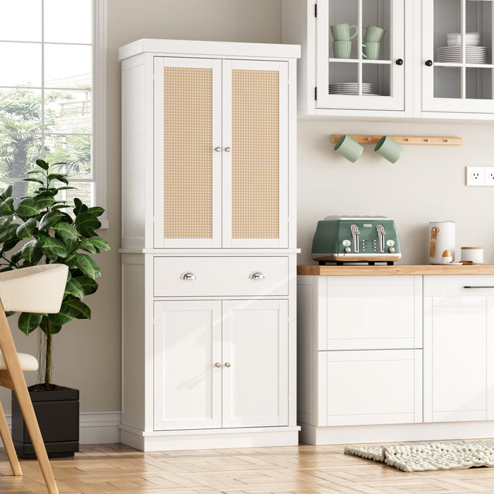 Homfa 72.4'' Tall Kitchen Pantry with 4 Doors, Large Drawer Storage Cabinet for Dining Room Living Room, White & Rattan