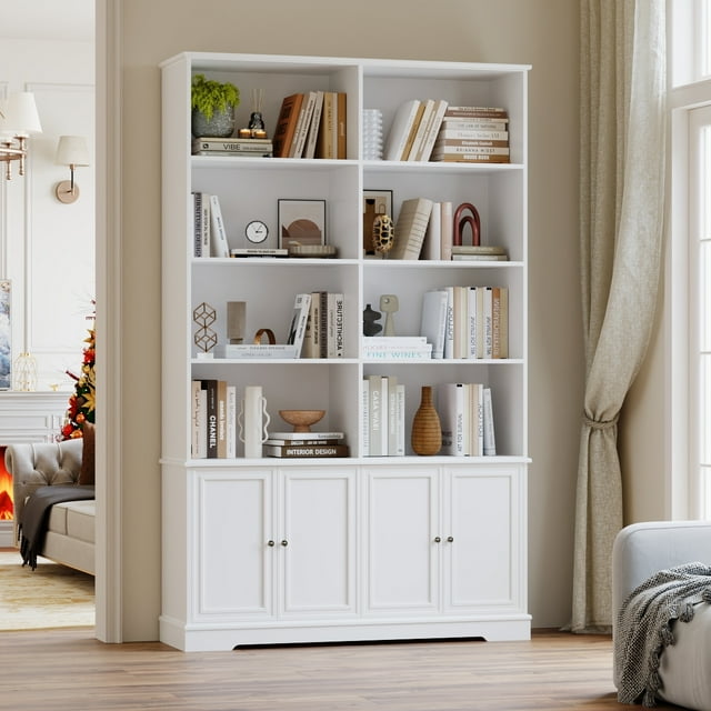 Homfa 72.8'' Tall Double Wide Cube Bookcase, 4-Tier 4 Doors Wood Display Bookshelves for Living Room Home Office, White
