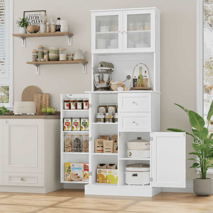 Homfa 72¡±H Pantry with Frosted Glass Doors, Buffet Hutch Cabinet with Shelves and Drawers for Kitchen Dining Room, White