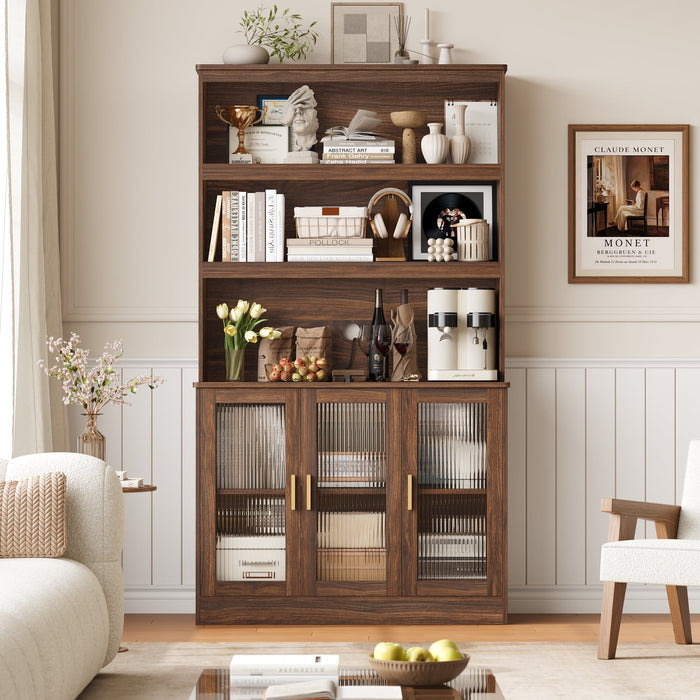 Homfa 73" Tall 3-tier Bookcase, 2 Cabinets with Glass Doors, Counter Top with Cable Holes for Home Office Kitchen, Dark Oak