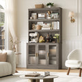 Homfa 73" Tall 3-tier Bookcase, 2 Cabinets with Glass Doors, Counter Top with Cable Holes for Home Office Kitchen, Wash Gray