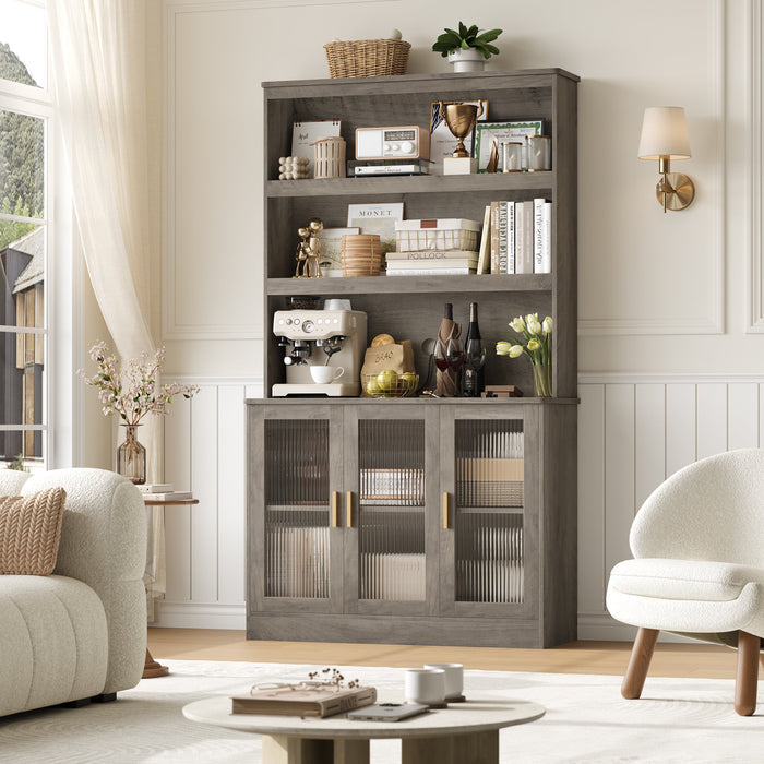 Homfa 73" Tall 3-tier Bookcase, 2 Cabinets with Glass Doors, Counter Top with Cable Holes for Home Office Kitchen, Wash Gray