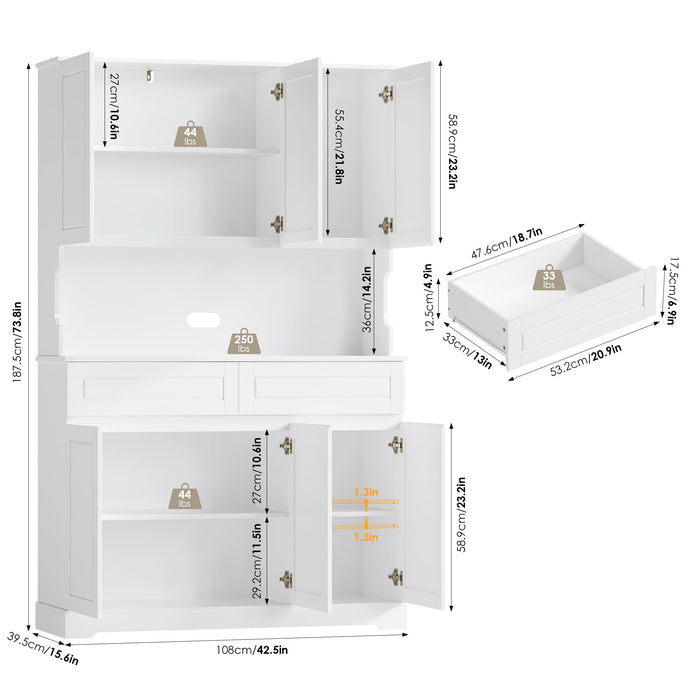 Homfa 73.8¡±H Pantry Cabinet with 6 Doors and 2 Drawers, Storage Cabinet with Microwave Stand and Adjustable Shelf, Blue