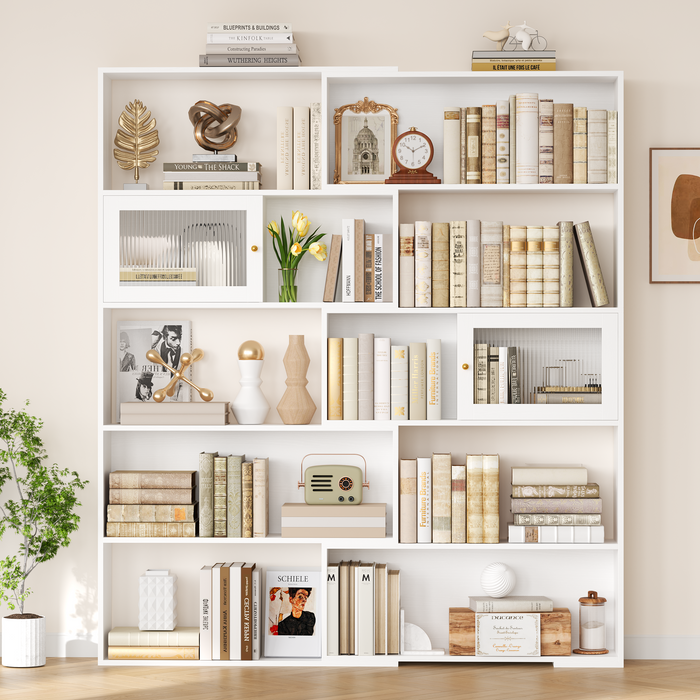 Homfa 73.8¡± Tall Bookshelf with Glass Door, 5 Tier Reversible Corner Bookcase with Storage for Living Room Home Office Study, White