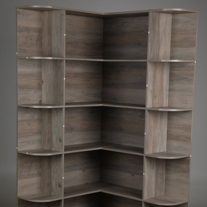 Homfa 73.9¡± Tall Corner Bookshelf, 6 Tier L-Shaped Large Display Bookcase with Curved Edges for Living Room Home Office Study, Gray