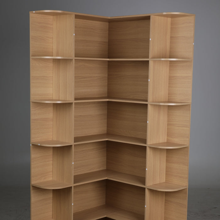 Homfa 73.9¡± Tall Corner Bookshelf, 6 Tier L-Shaped Large Display Bookcase with Curved Edges for Living Room Home Office Study, Natural Wood Color