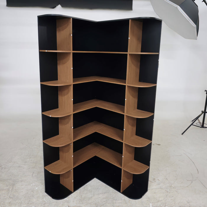 Homfa 73.9¡± Tall Corner Bookshelf, 6 Tier L-Shaped Large Display Bookcase with Curved Edges for Living Room Home Office Study, Black & Oak