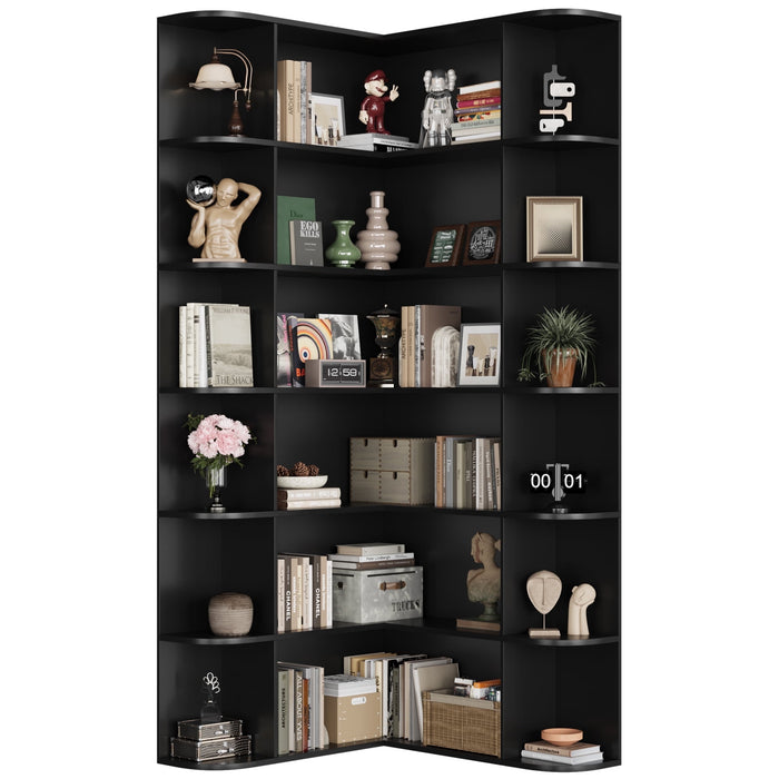 Homfa 73.9¡± Tall Corner Bookshelf, 6 Tier L-Shaped Large Display Bookcase with Curved Edges for Living Room Home Office Study, Black