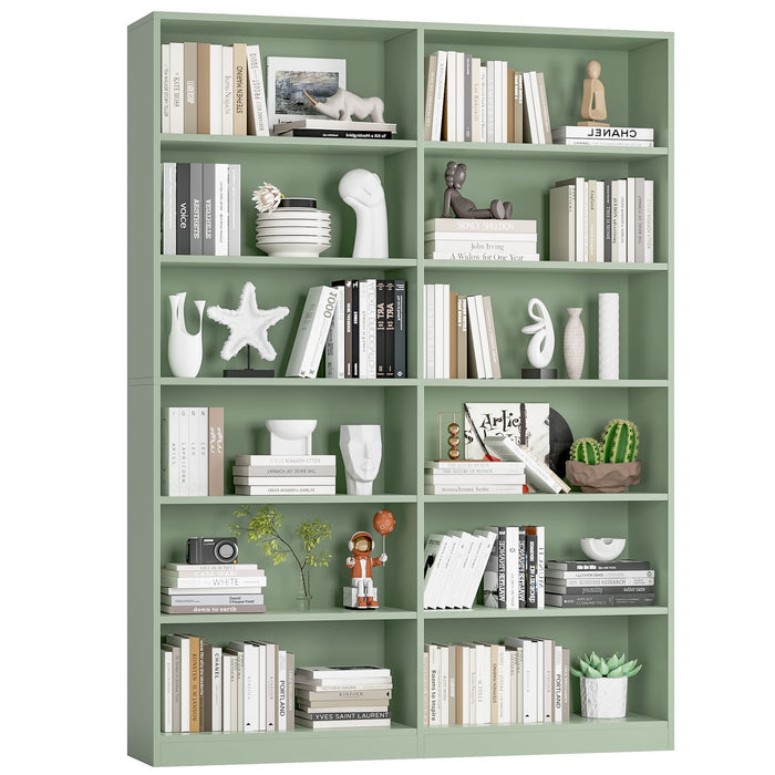 Homfa 74.3¡± Double Wide 6-Tier Bookcase, Extra Large Wooden Freestanding Display Bookshelf for Home Office Living Room, Green