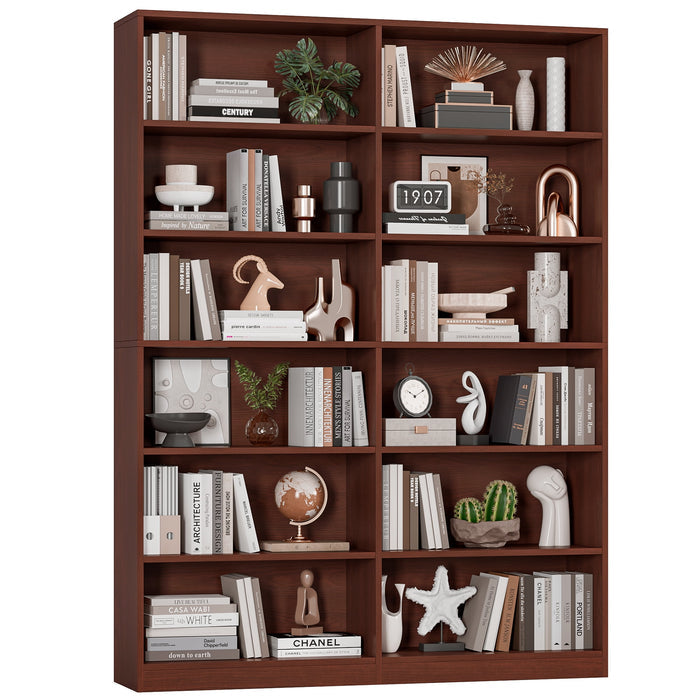 Homfa 74.3" Double Wide 6-Tier Bookcase, Extra Large Wooden Freestanding Display Bookshelf for Home Office Living Room, Cherry Wood Color