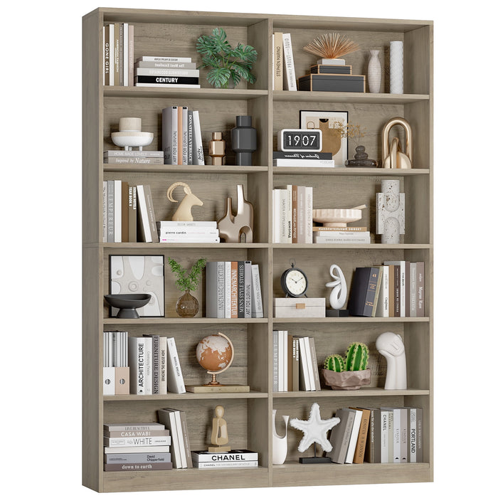 Homfa 74.3¡± Double Wide 6-Tier Bookcase, Extra Large Wooden Freestanding Display Bookshelf for Home Office Living Room, Walnut